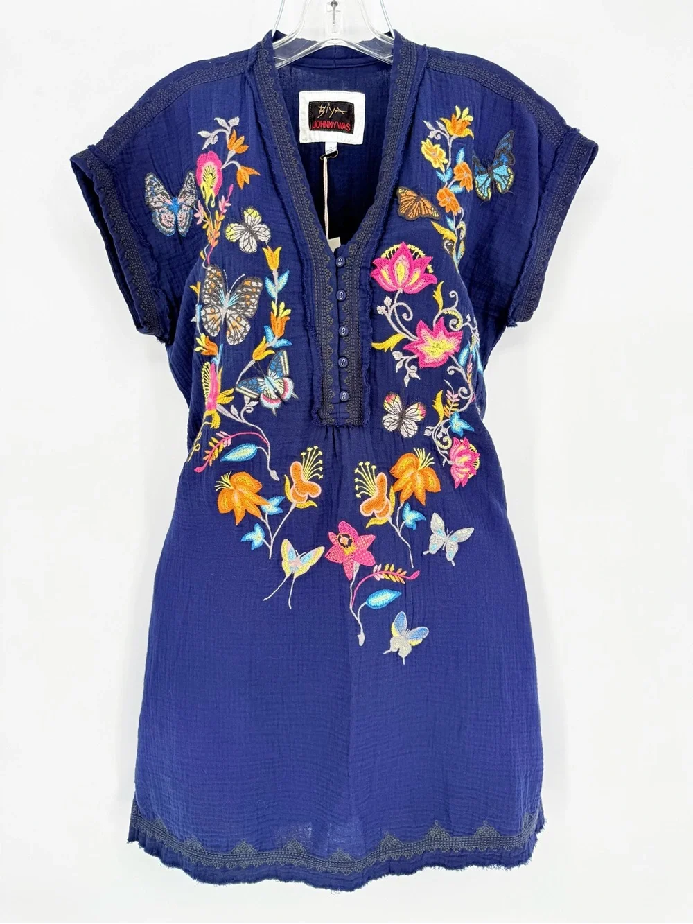 NEW Johnny Was Biya Zippy Tunic Dress Borboleta Blue Butterfly Embroidered Med M - Picture 2 of 13